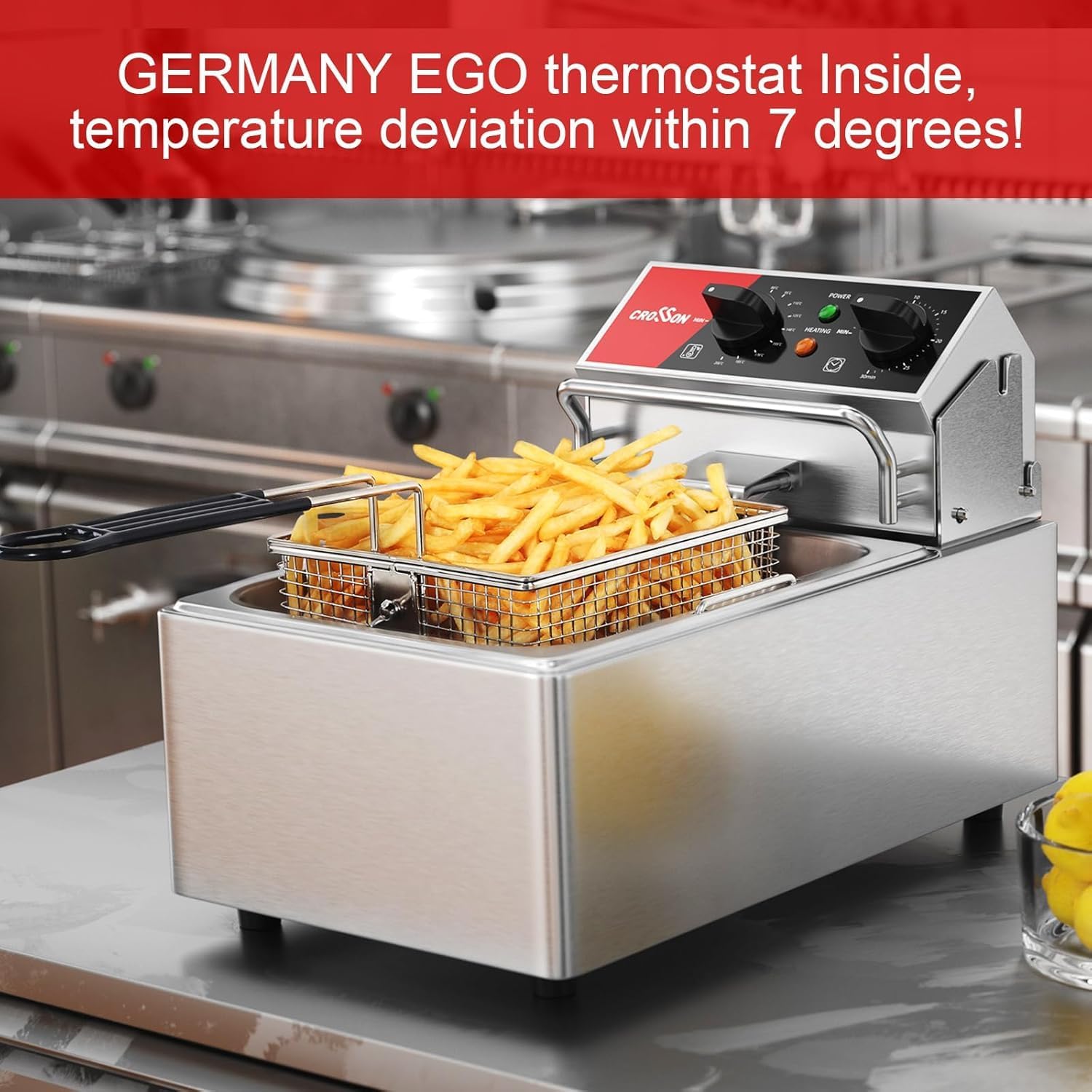 CROSSON 6L Elektrische Aufsatzfritteuse mit leicht zu reinigendem rotierendem Fritteusenkopf, 30 Minuten Timer, abnehmbarer Öltank 304 SS mit Griff (6L single tank)