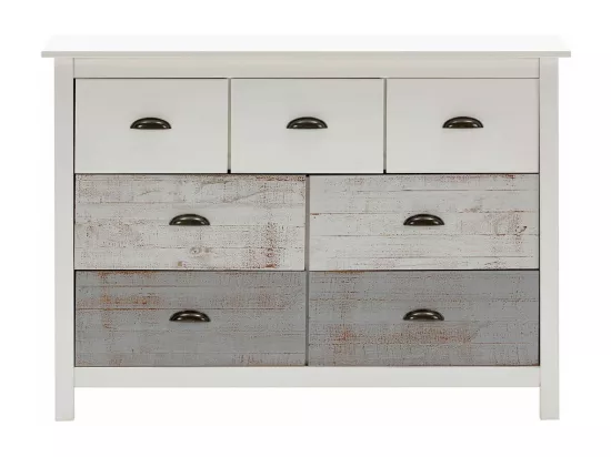 ROSALIA - Commode 7 Tiroirs Bois Aspect Vieilli Blanc et Grisé