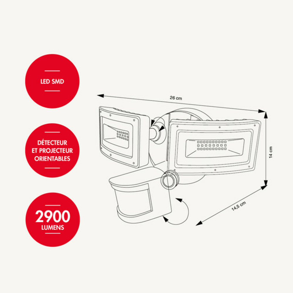 Projecteur sur secteur noir à détection de mouvements - 2900 lumens - led smd - chromex