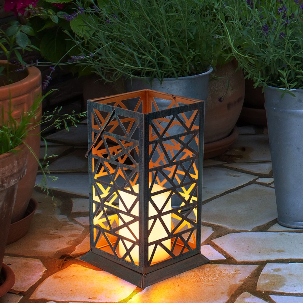 2x LED Feuereffekt Solarleuchte, rost-grün, Höhe 27 cm