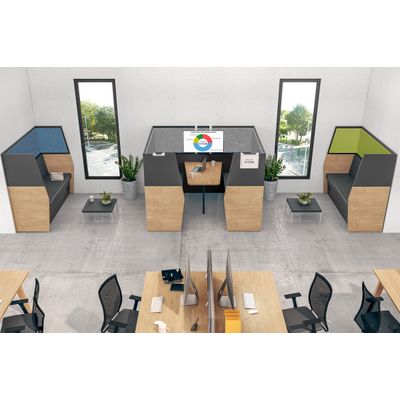 Box acoustique IN'TEAM - L210 x H 150 x P170 cm - 6 places avec table - structure chêne gris et carbone - panneaux bleu chiné