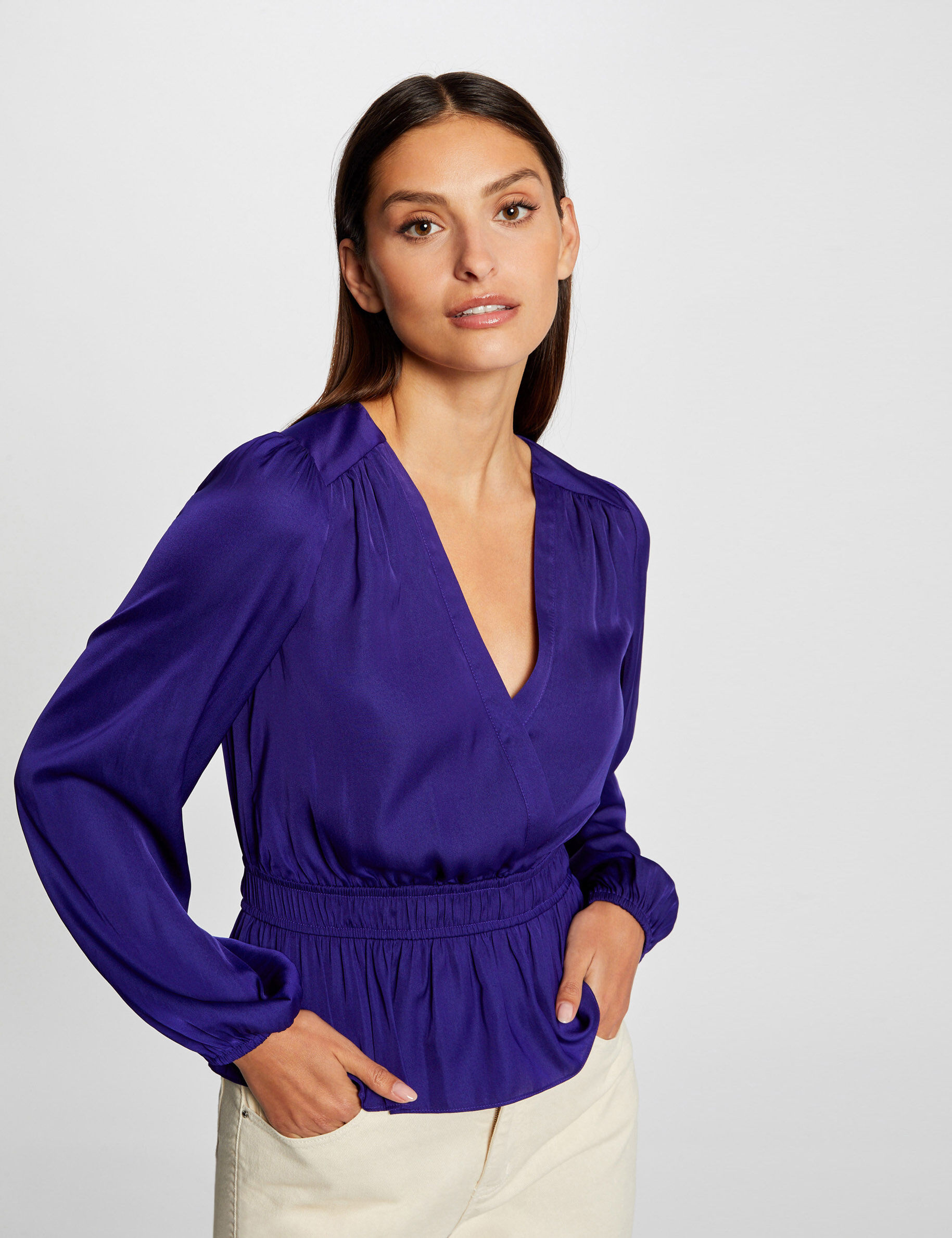 T-shirt manches longues satin bleu moyen femme - bleu_moyen