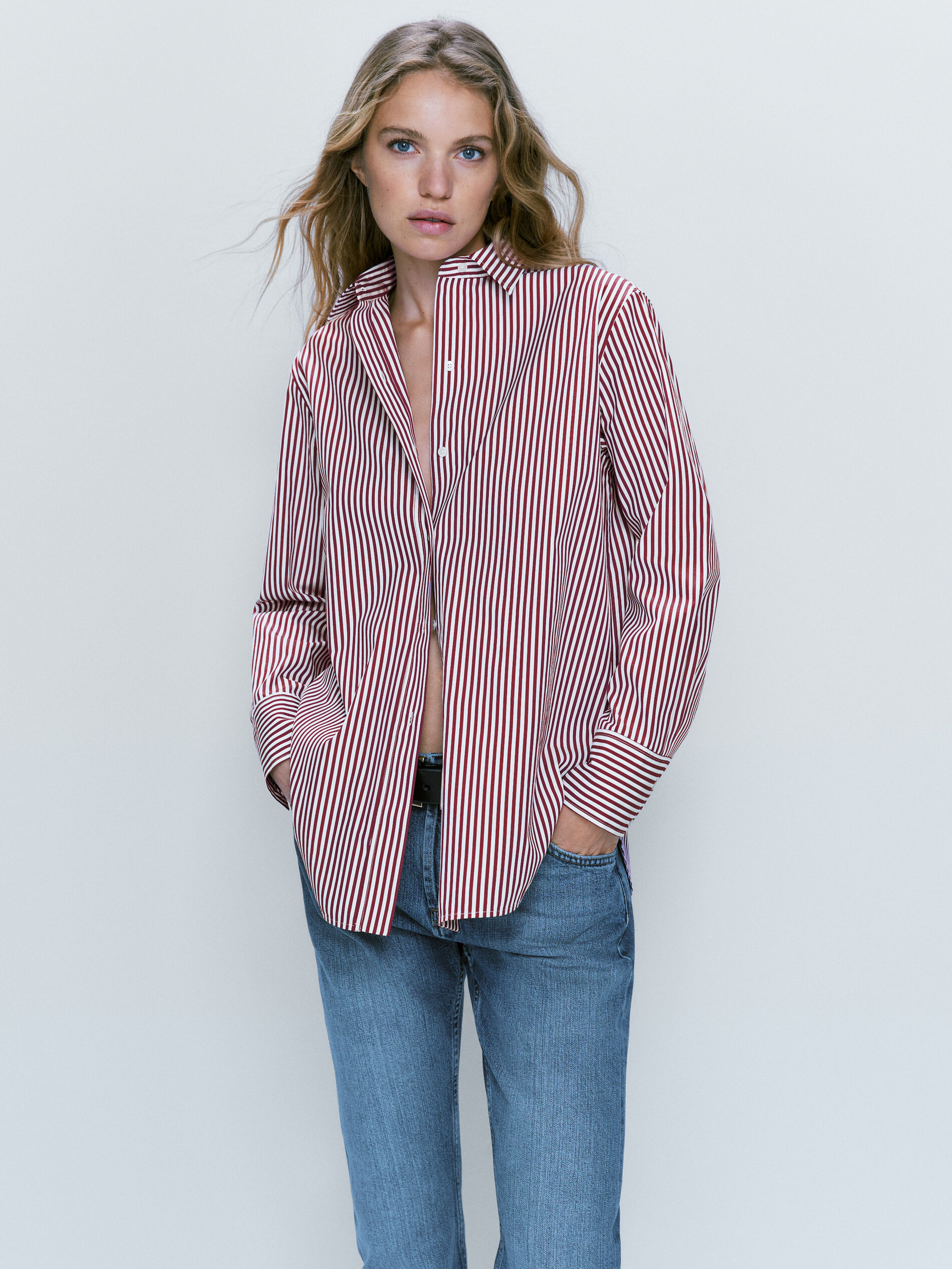 Camisa popelín algodón raias - GRANATE