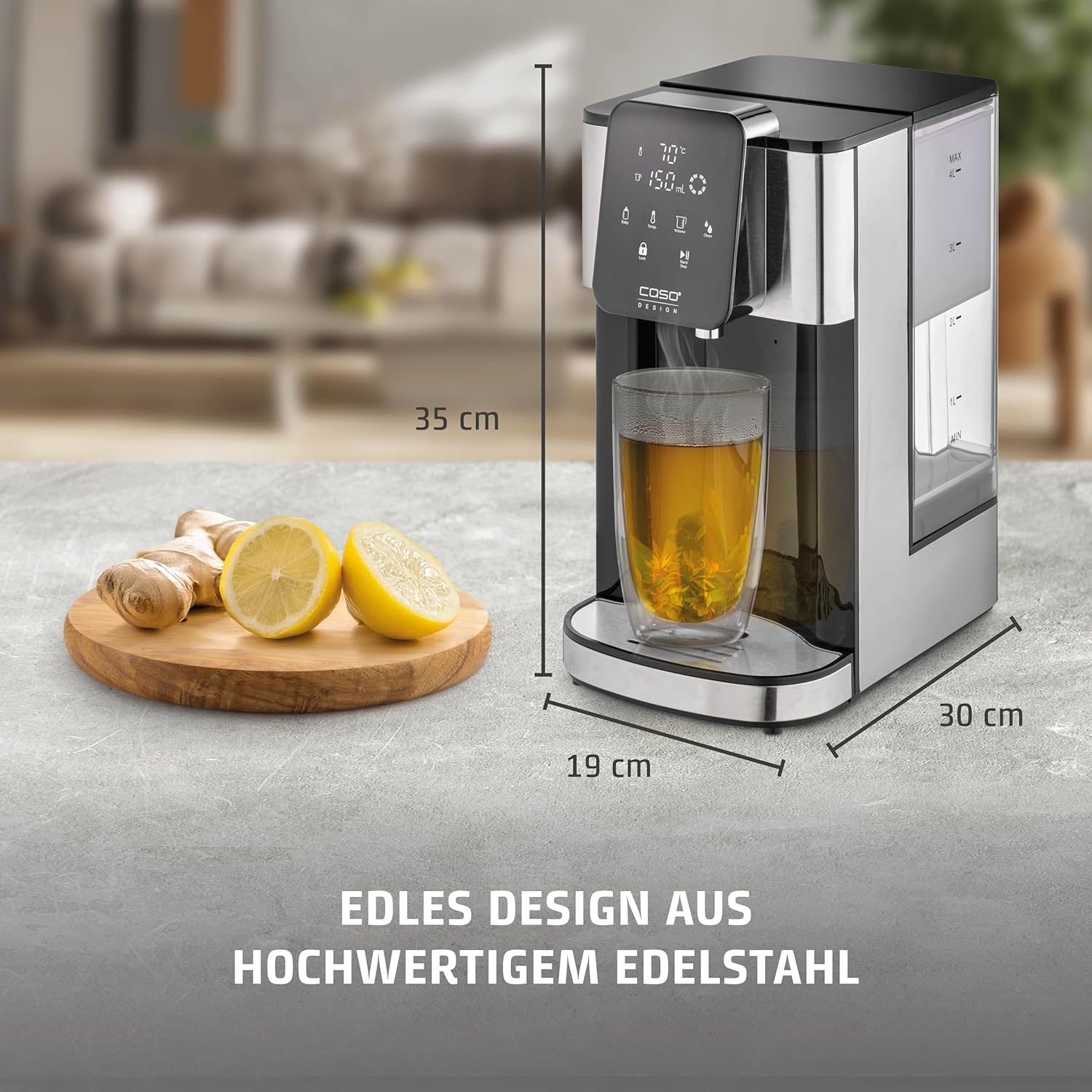 CASO HW 1660 - Turbo Heisswasserspender, heißes Wasser in wenigen Sekunden (40-100°C), 2600 Watt, extra großer 4 Liter Wassertank, Direktwahltaste für Babynahrung (37°C), energiesparend