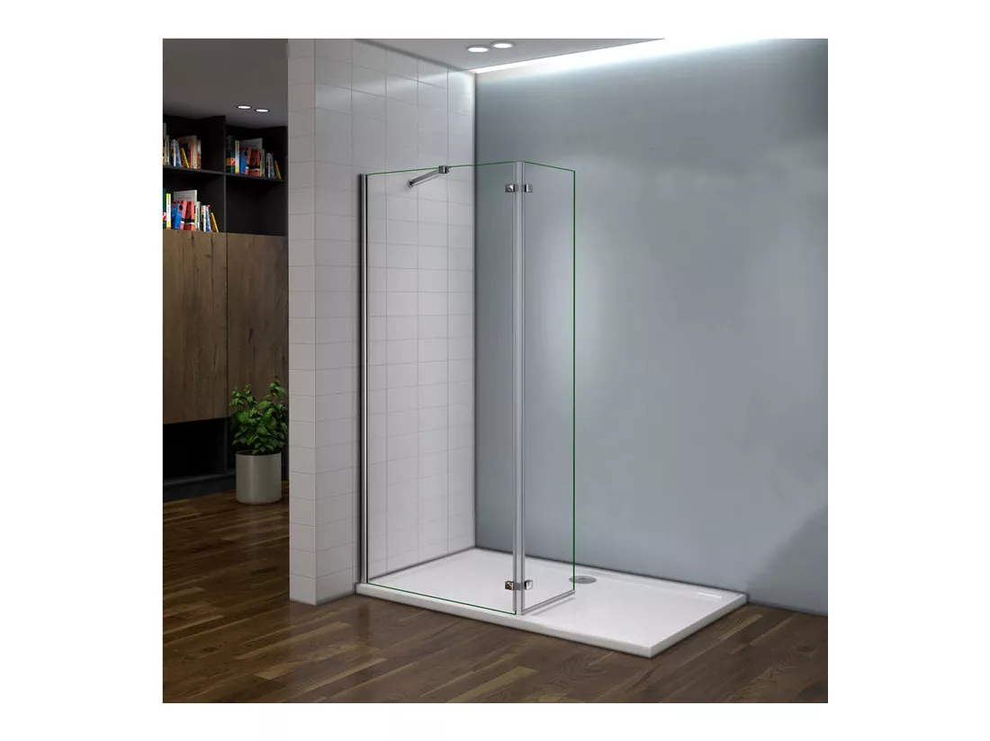 Paroi de douche fixe à l'italienne avec retour pivotant 100+40x200cm, charnières, avec barre de fixation 73-120cm en carré