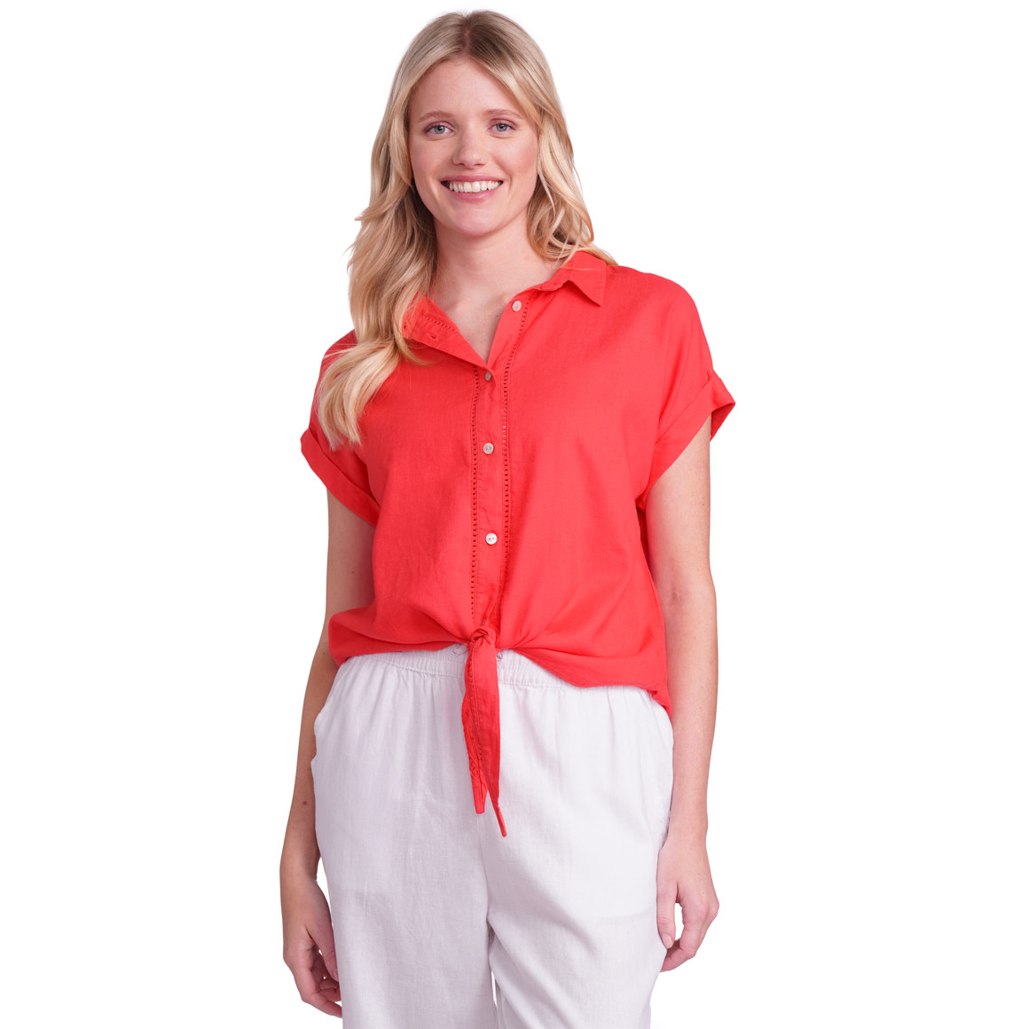 Gina Benotti Damen Leinen-Bluse mit Knotendetail rot