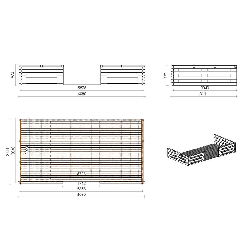 Abri de jardin en bois - 6x6 m - 54 m2 + terrasse avec balustrade et avant-toit en bois