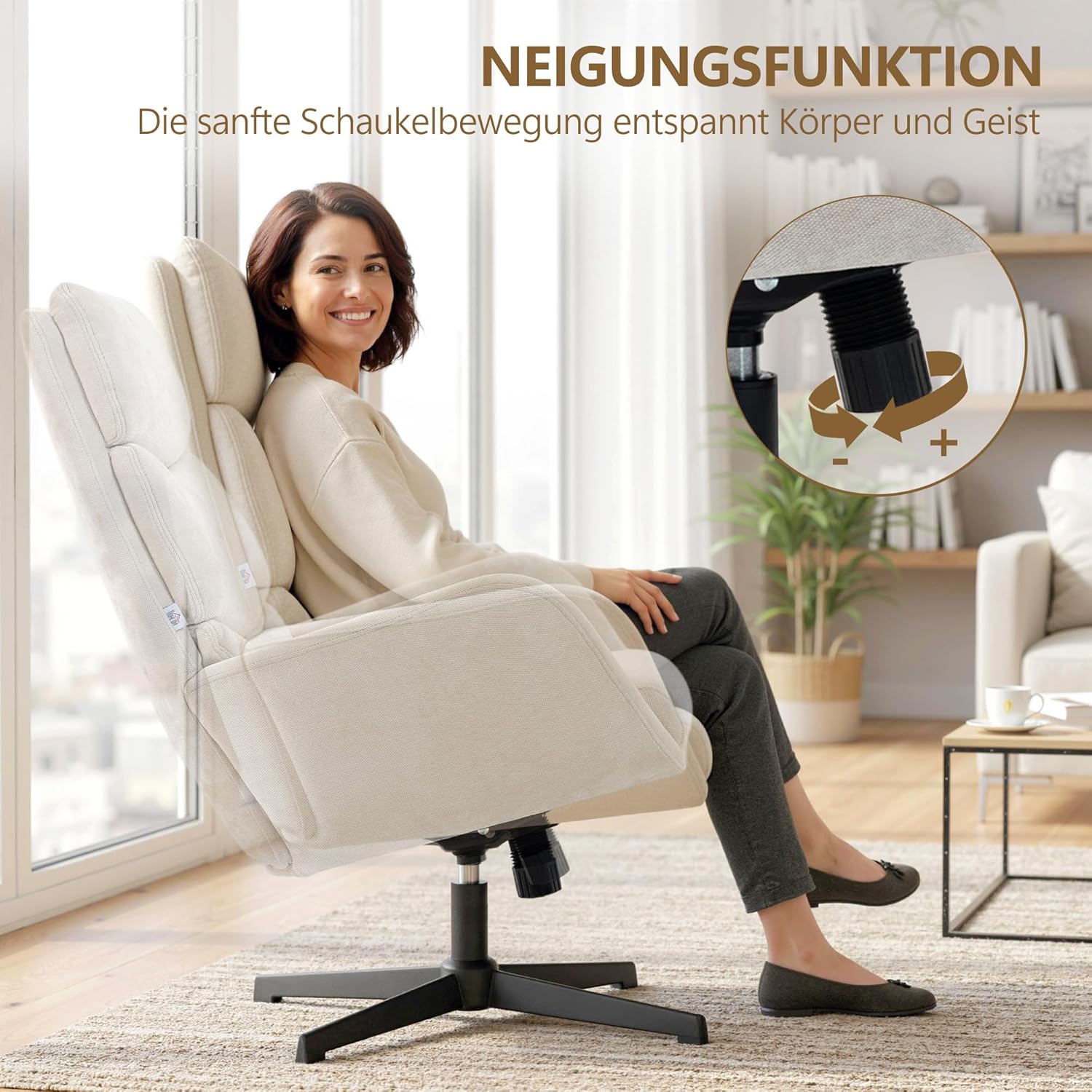 HOMCOM Relaxsessel mit Hocker, Sessel mit hoher Rückenlehne, Loungesessel mit Wippfunktion Leinenoptik Metallsockel, Polstersessel für Wohnzimmer, Schlafzimmer, Beige