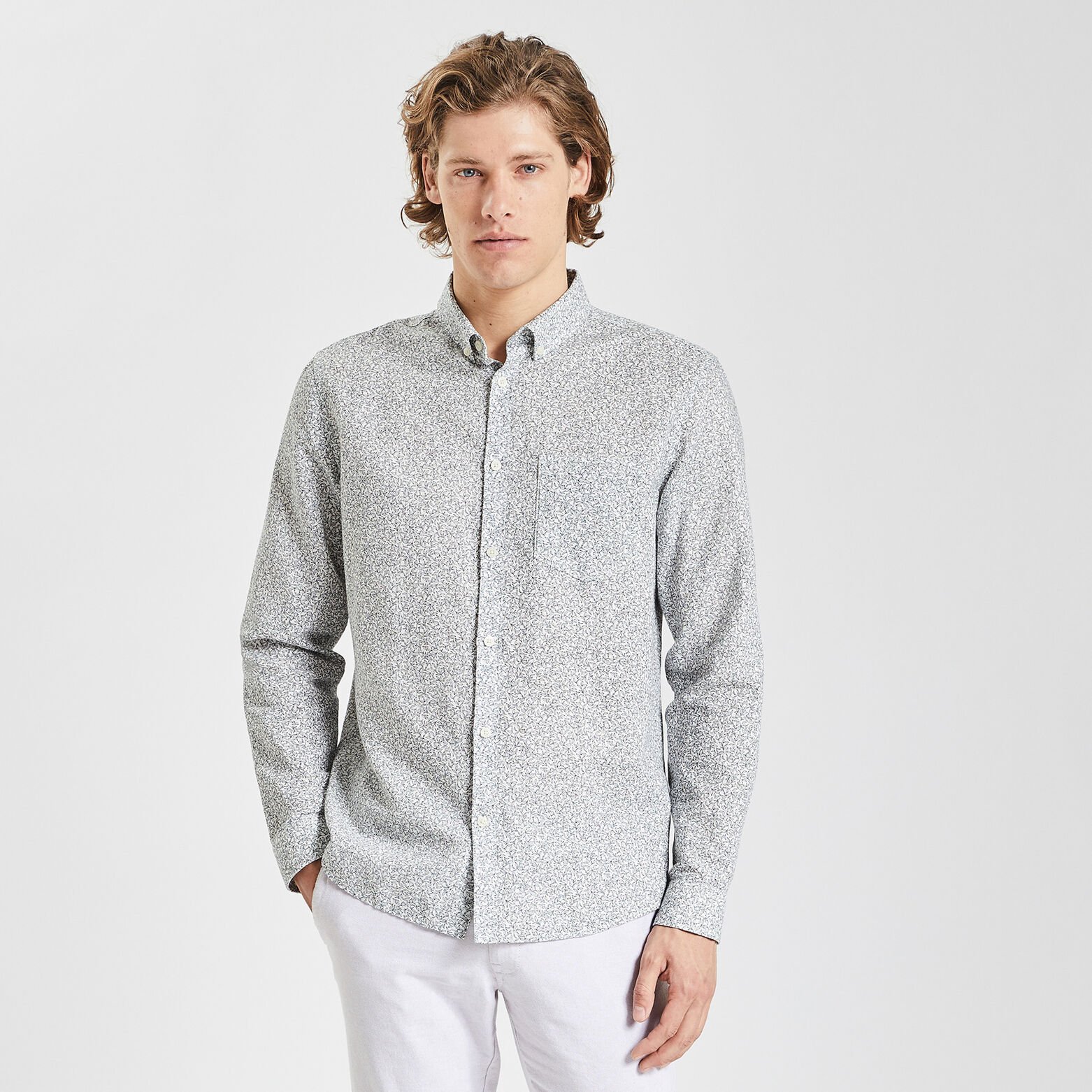 Chemise regular imprimé fleur coton lin Blanc