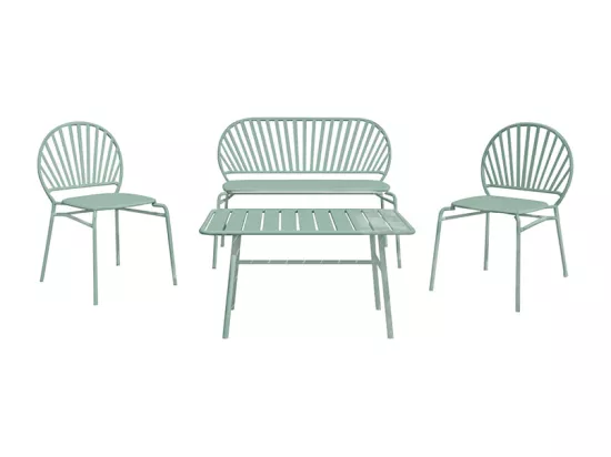 Salon de jardin en métal : un banc, 2 chaises et une table basse - Vert amande - CEDEIRA de MYLIA