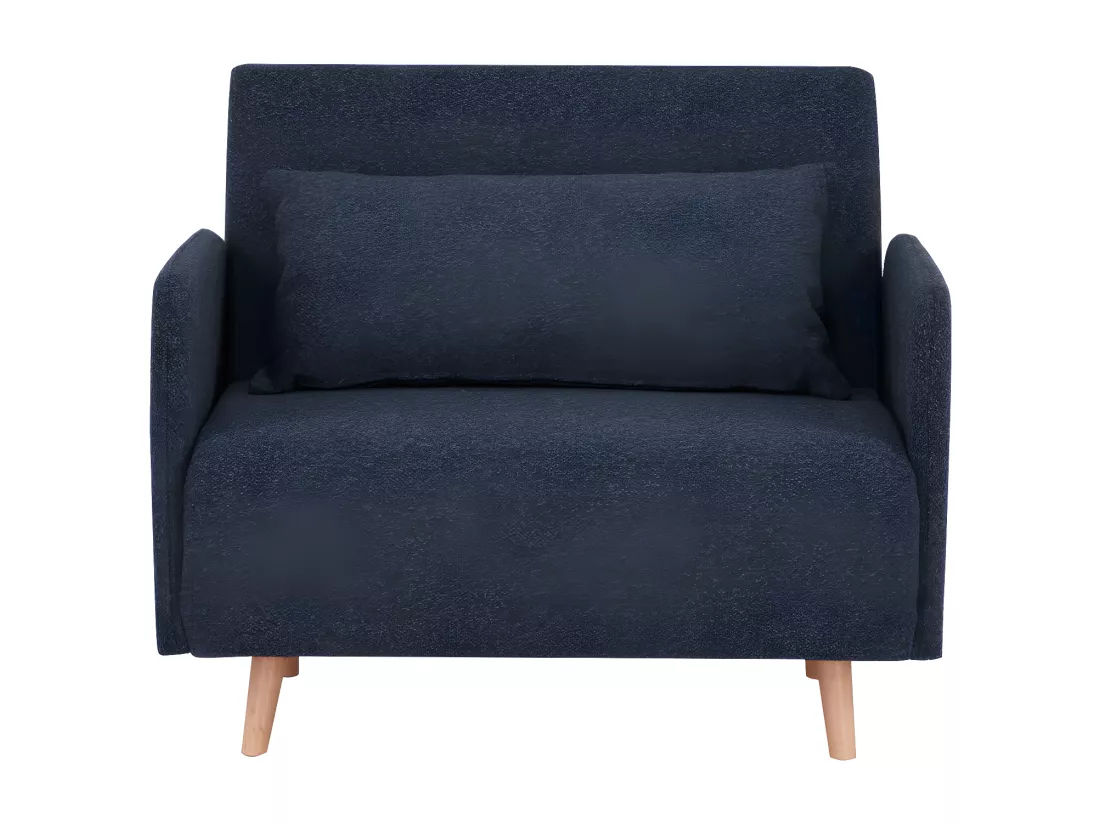 Belushi - Fauteuil convertible en tissu bouclette pieds bois clair - Bleu foncé