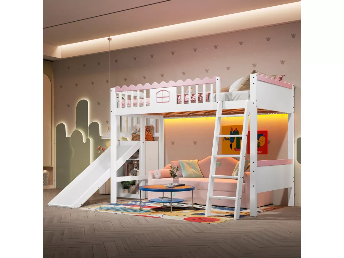 Lit mezzanine enfant 90x200 cm - avec éclairage LED - avec étagères - avec toboggan - Bois massif - Blanc (sans matelas)