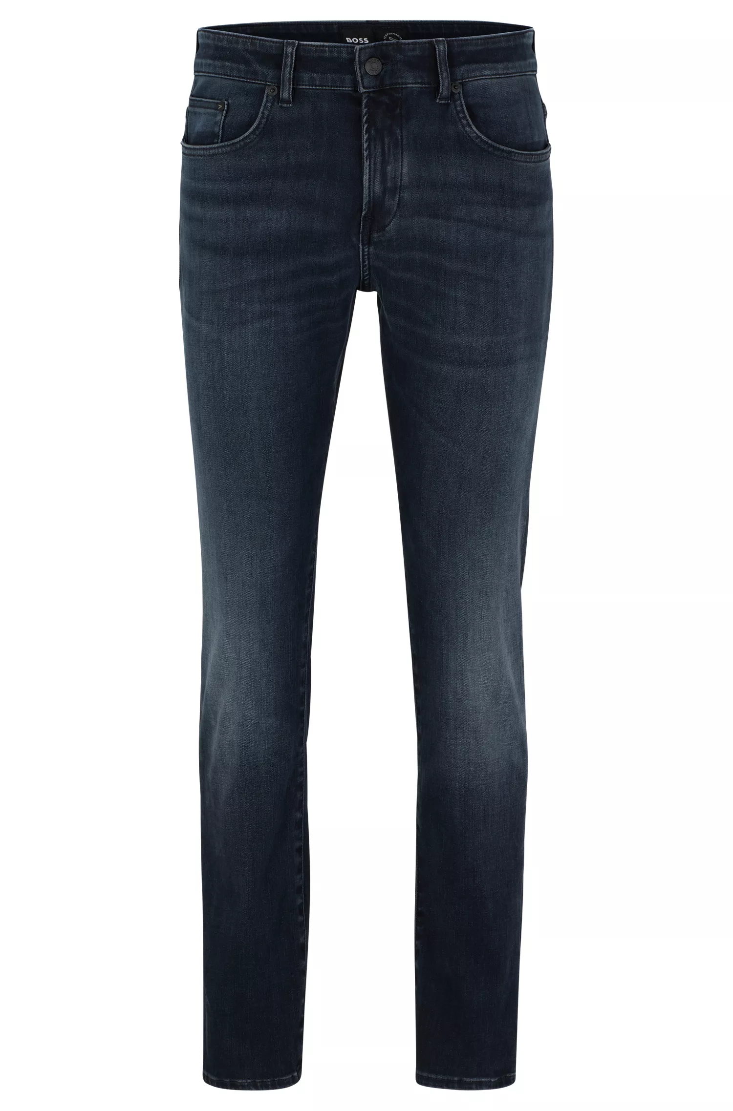 Calça jeans BOSS preta, corte slim, em denim de malha azul.