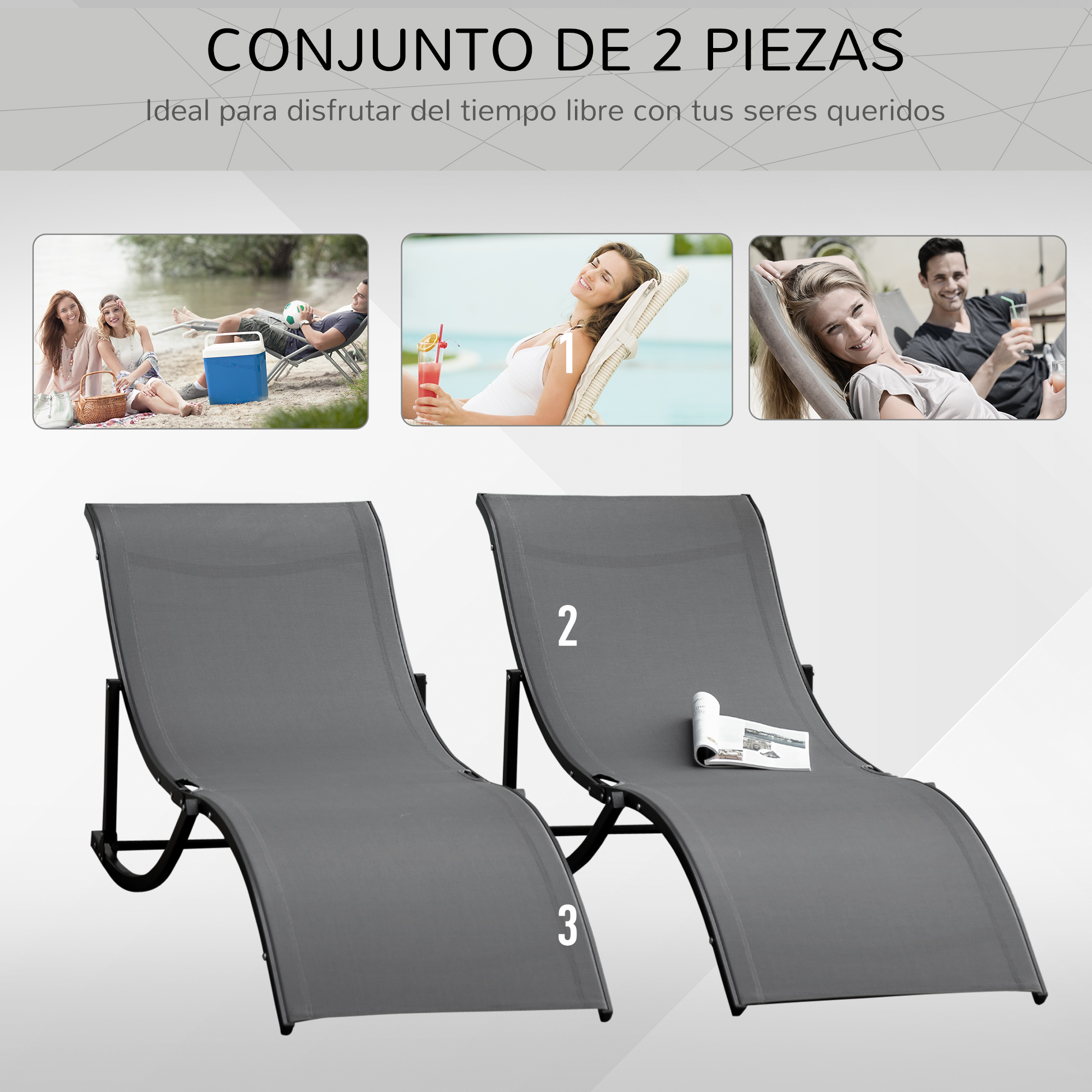 Conjunto de 2 espreguiçadeiras dobráveis Outsunny, com estrutura em alumínio em formato de S, capacidade de carga de 120 kg, ideais para piscina, pátio e terraço, dimensões 165 x 61 x 63 cm, cinza escuro.
