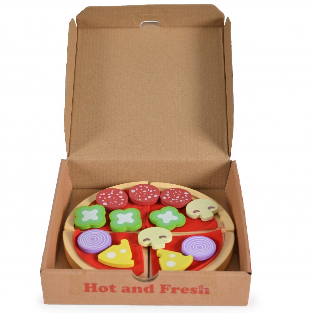 Moni Kinder Pizza-Spielset 4221 Holz Pizzaschneider, Pizzastücke mit Klett rot