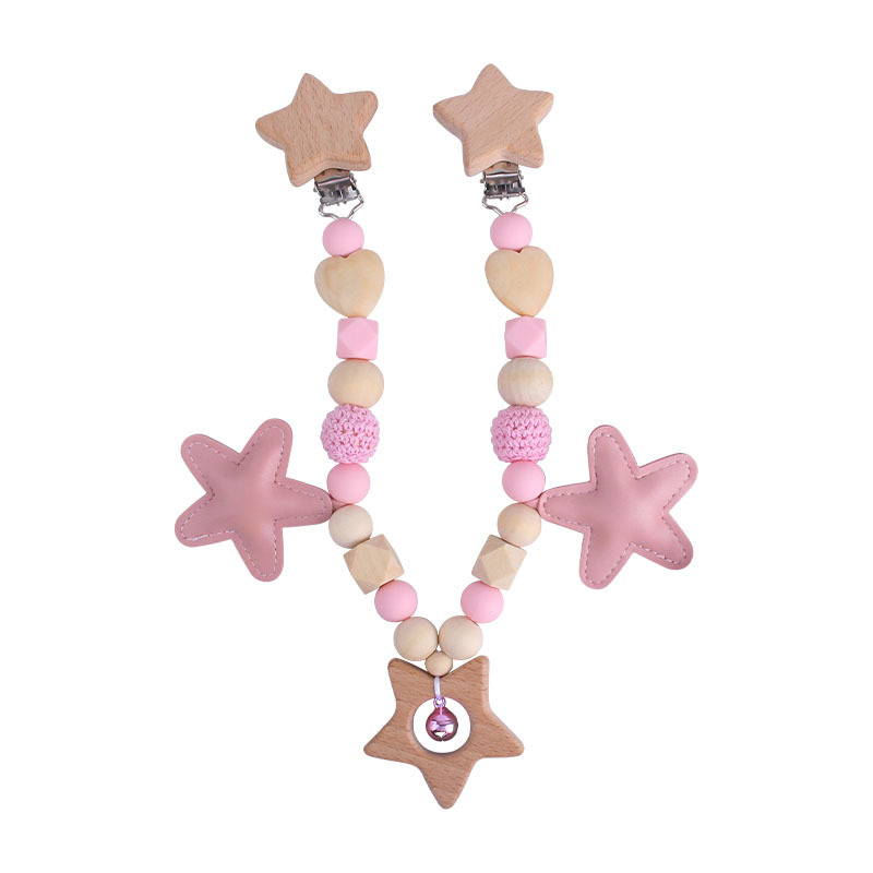 (3-tlg. Set) Holz Nuggiband Kinderwagen Schnullerkette   Baby Spielzeug - Stern / Rosa