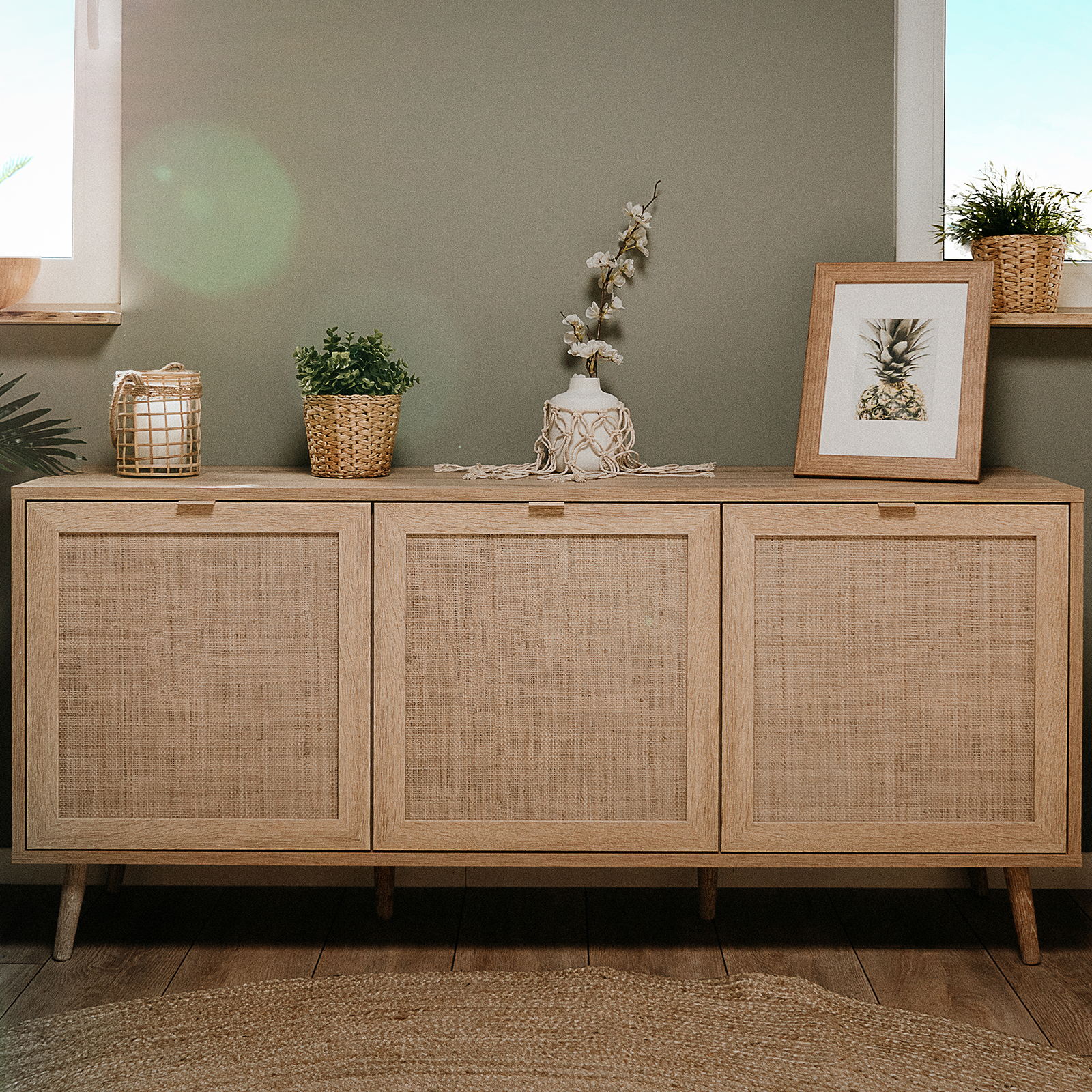 Sideboard BALI - Sonoma Eiche-Rafia geflecht - 150 cm breit