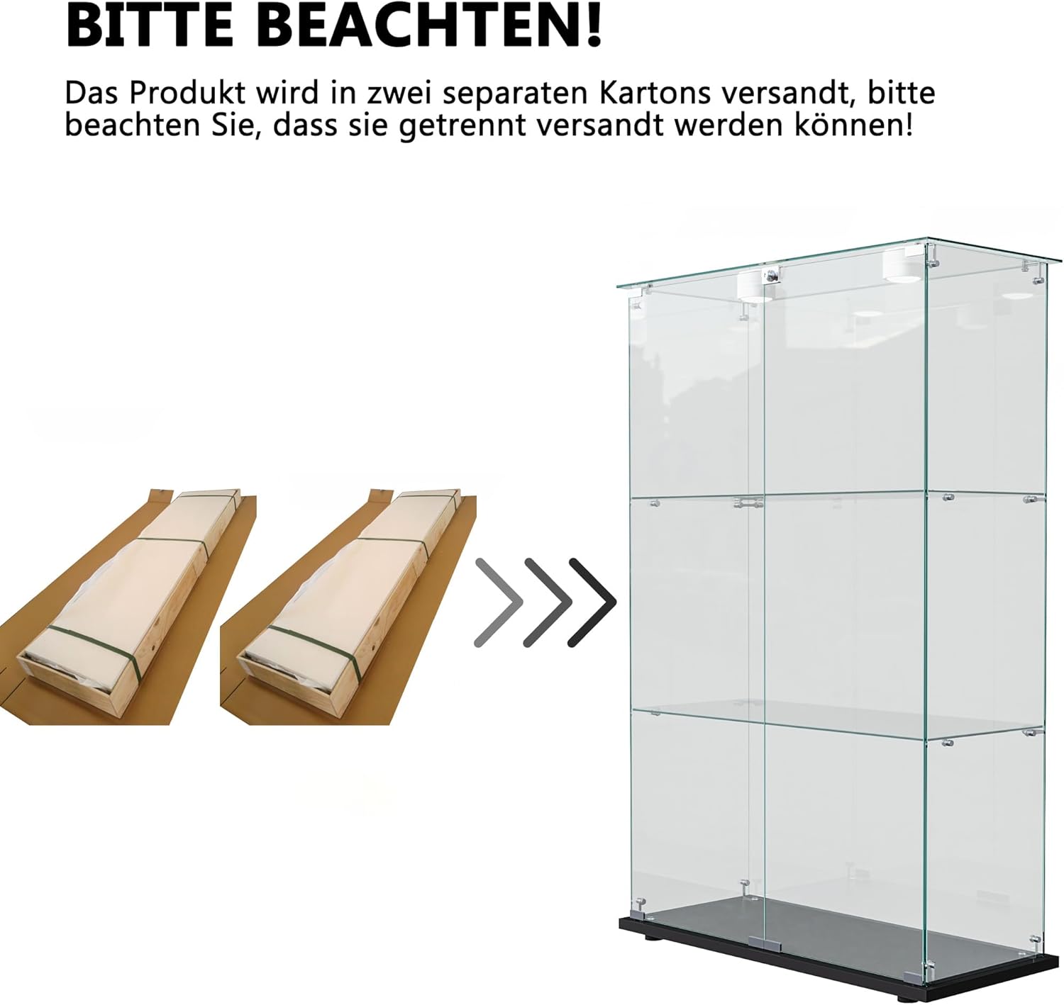 Vitrine für Sammlungen, groß, Glasvitrine mit Licht, 123,3 x 35 x 78,5 cm, Vitrine mit Rollen und LED, 2 Türen, 3 Einlegeböden, transparent (2 Türen, 3 Etagen, Schwarz + Rad)