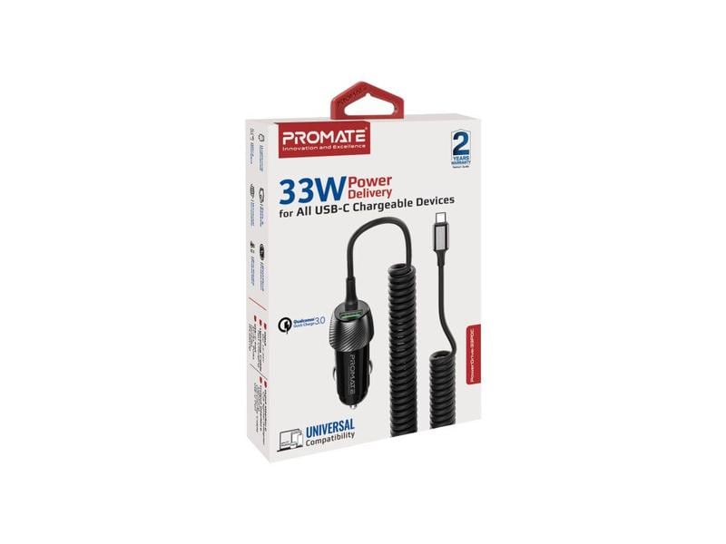 Promate Autoladegerät PowerDrive-33PDC QC3.0, Car Charger Schnelllade-Adapter mit USB-C Spiralkabel