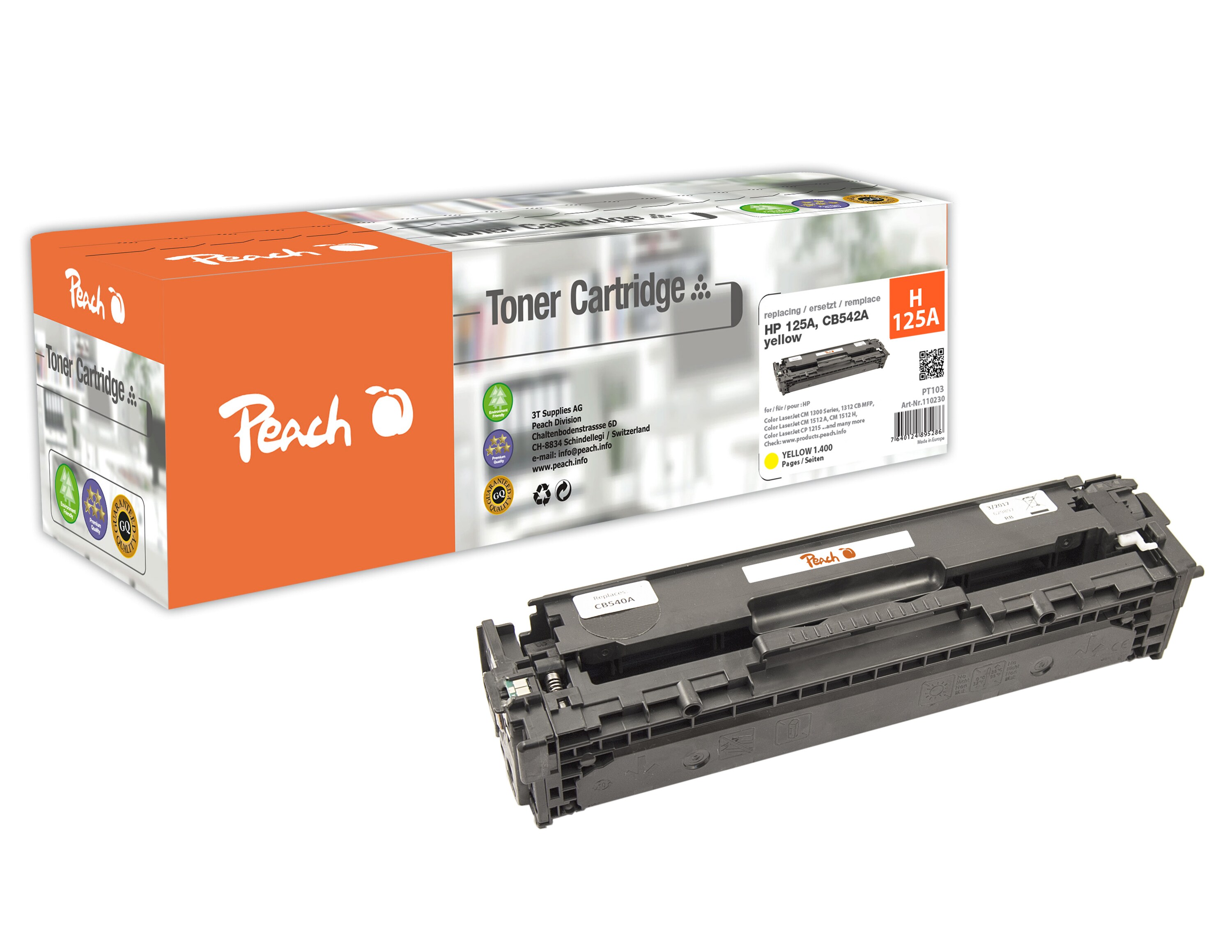 Peach HP 125 AY Toner ye ersetzt HP No. 125A Y, CB542A für z.B. HP Color LaserJet CP 1217, HP Color LaserJet CM 1300, HP Color LaserJet CM 1312 MFP (wiederaufbereitet)