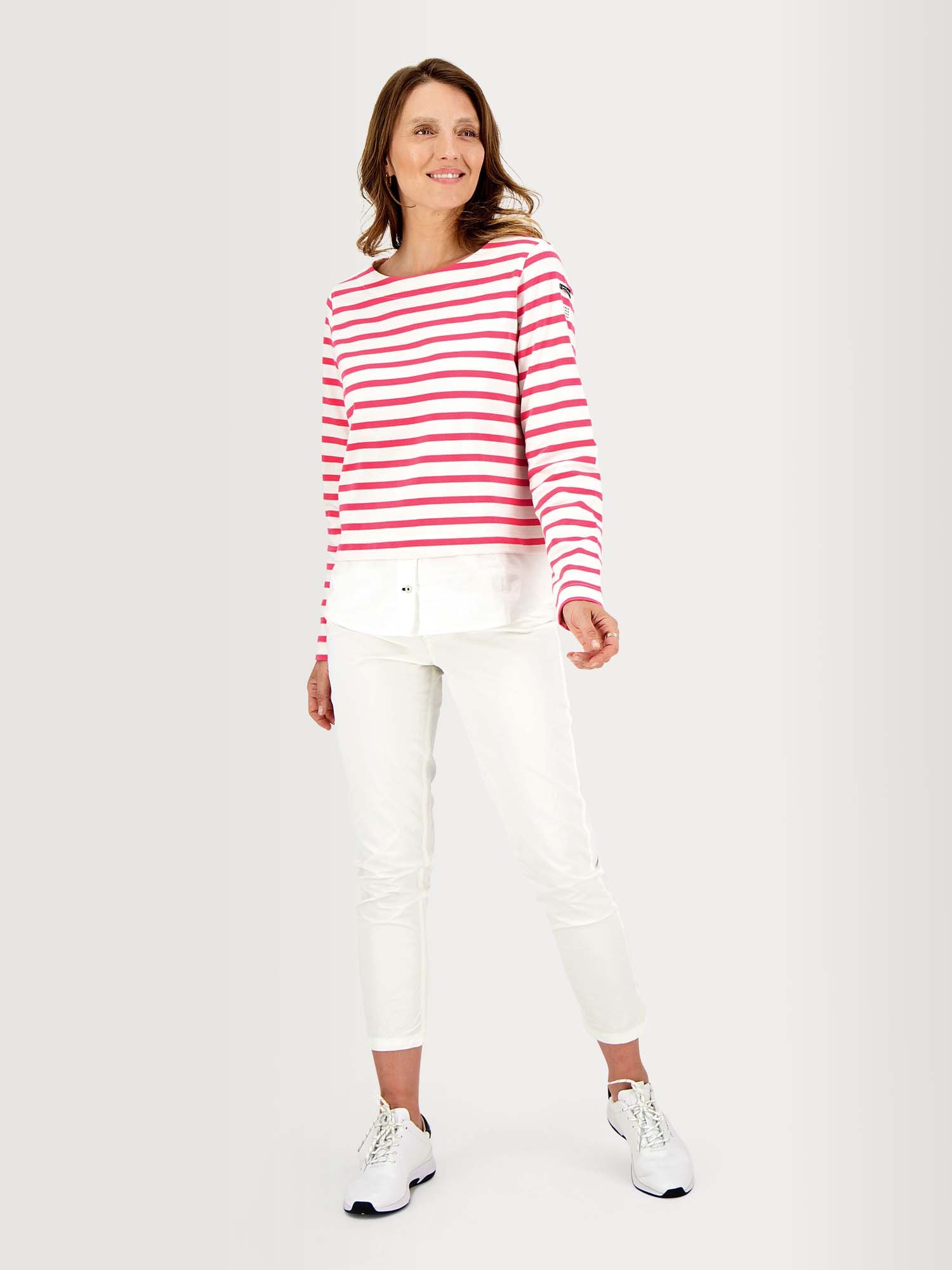 Sweat Femme Marinière Coton Blanc et Fuschia