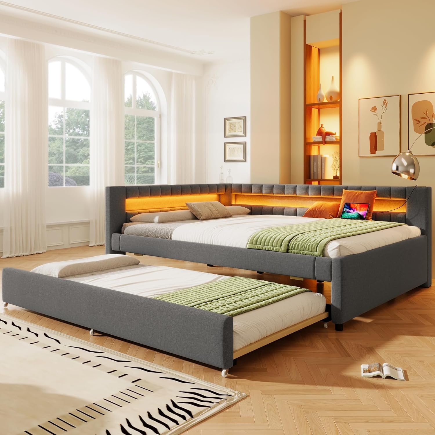 Polsterbett Schlafsofa 140x200, Daybett Tagesbett mit Ausziehbett, Doppelbett mit LED USB Typ C Ladefunktion, Kinderbett Jugendbett Gästebett, Leinen, Grau, ohne Matratze