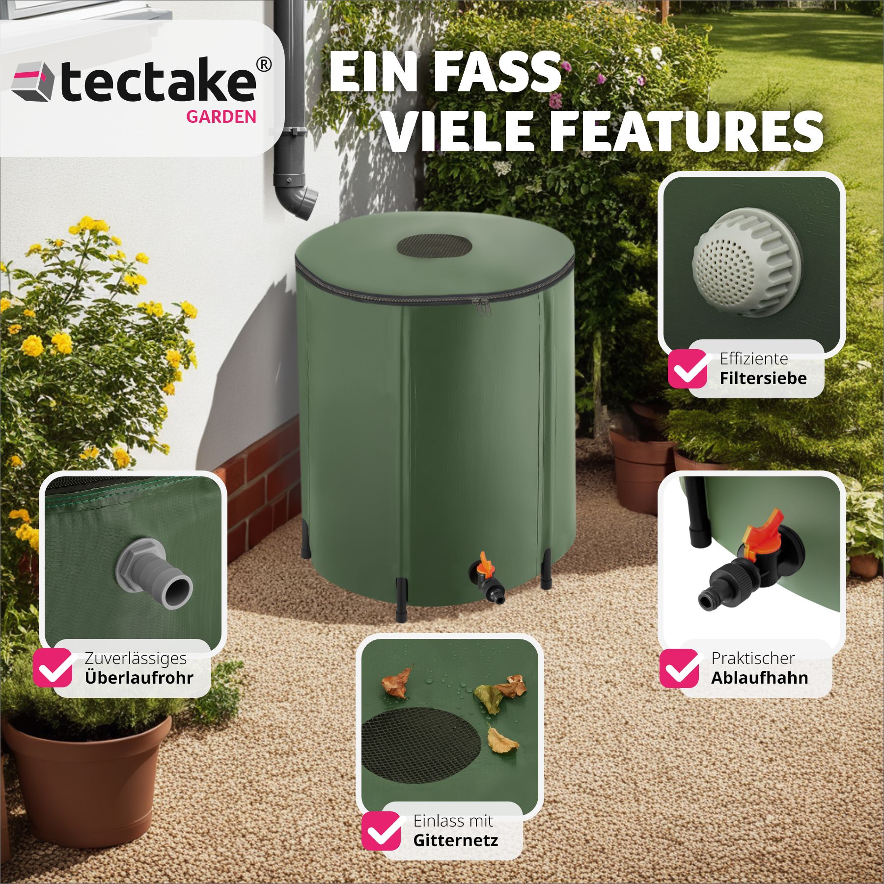 tectake® Regentonne, mit Hahn und Überlaufschutz, wetterbeständig, Oberseite abnehmbar