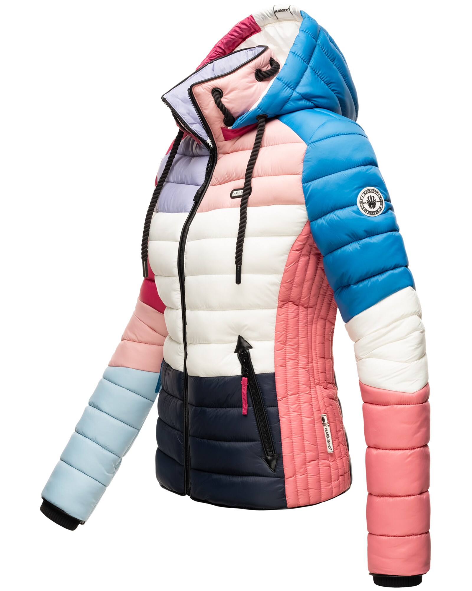 NAVAHOO Damen Steppjacke leichte Übergangsjacke mit Kapuze im Colourblocking Stil Lulana Multikulti