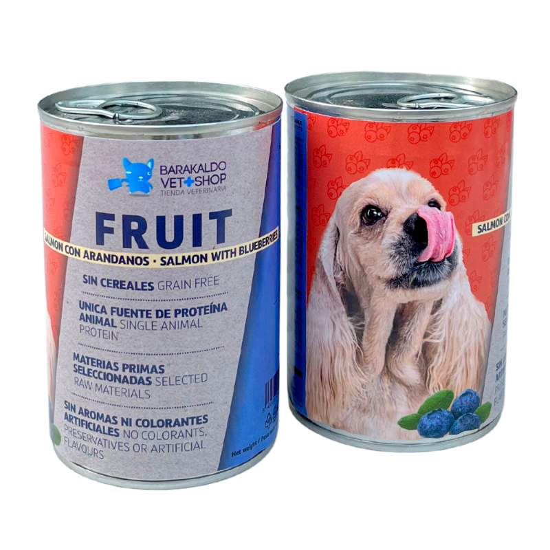 Ração úmida para cães, sem grãos, sabor salmão com mirtilos, da Barakaldo Vet Shop.
