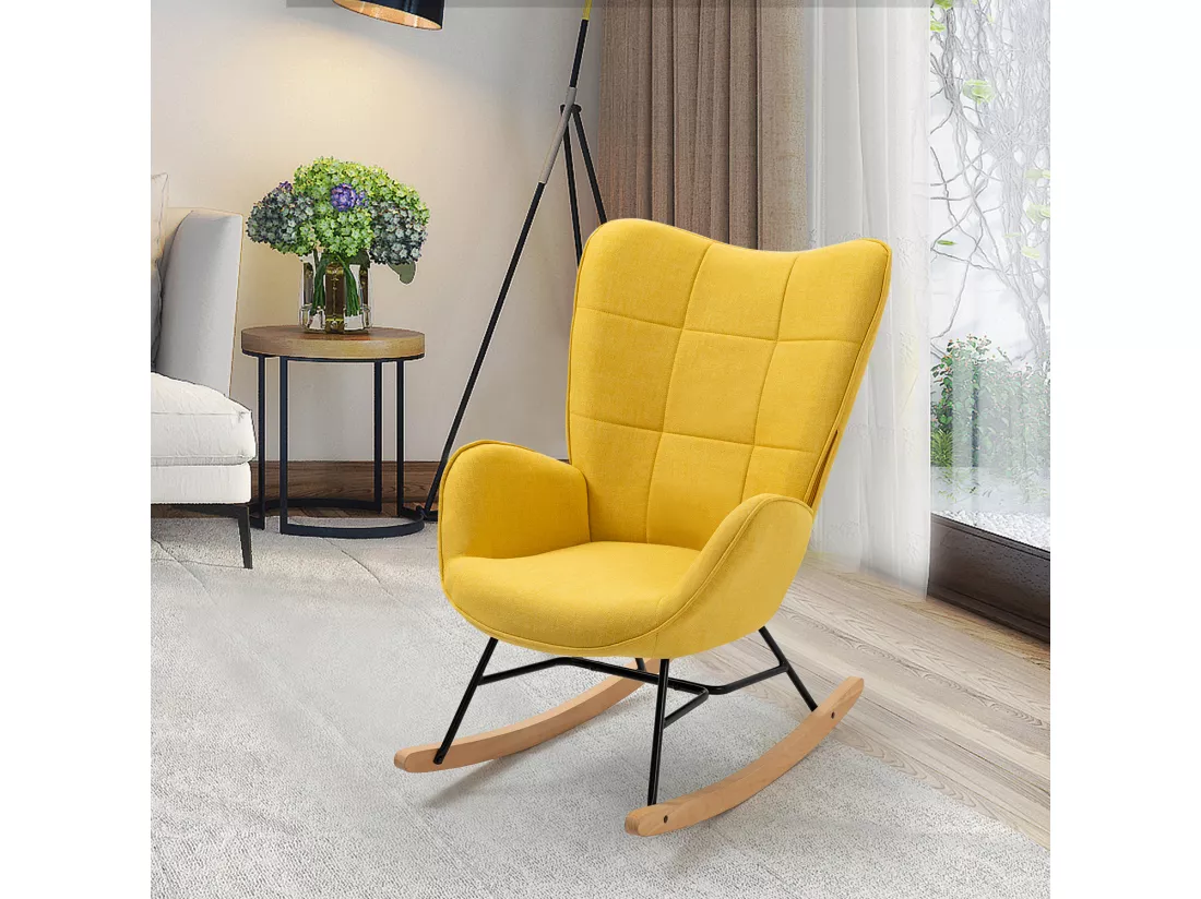 Fauteuil à Bascule Chaise Loisir et Repos Tissus Jaune pour le Salon Salle à Manger Pieds e' Bois Métal KELAN YELLOW, Jaune /69x84x97cm