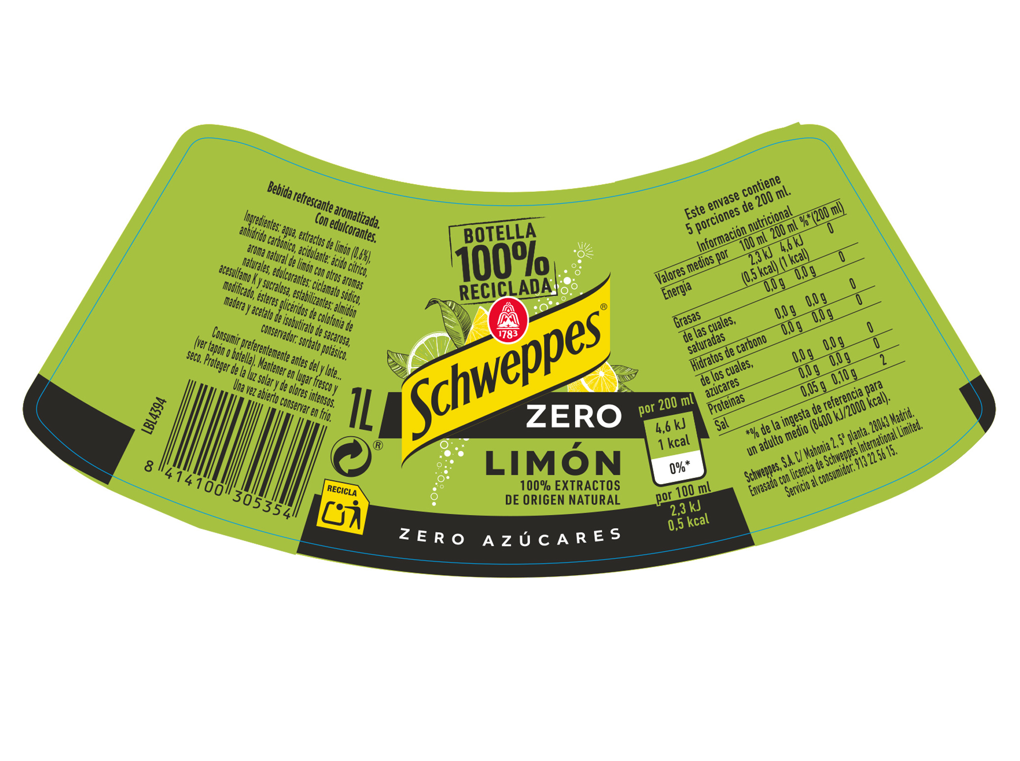 REFRIGERANTE C/ GÁS SCHWEPPES LIMÃO ZERO 1L
