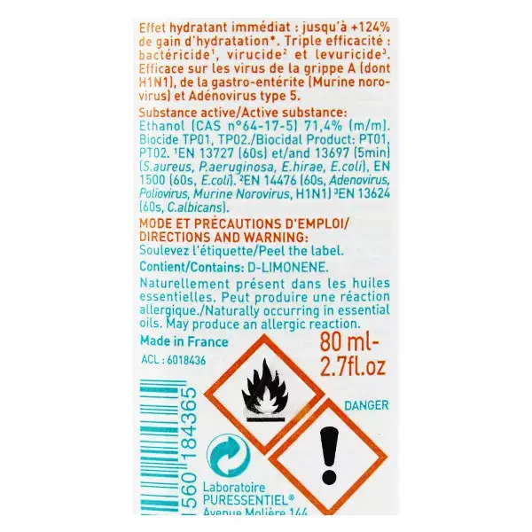 Loção desinfetante em spray Puressentiel, antibacteriana para mãos e superfícies, 80ml