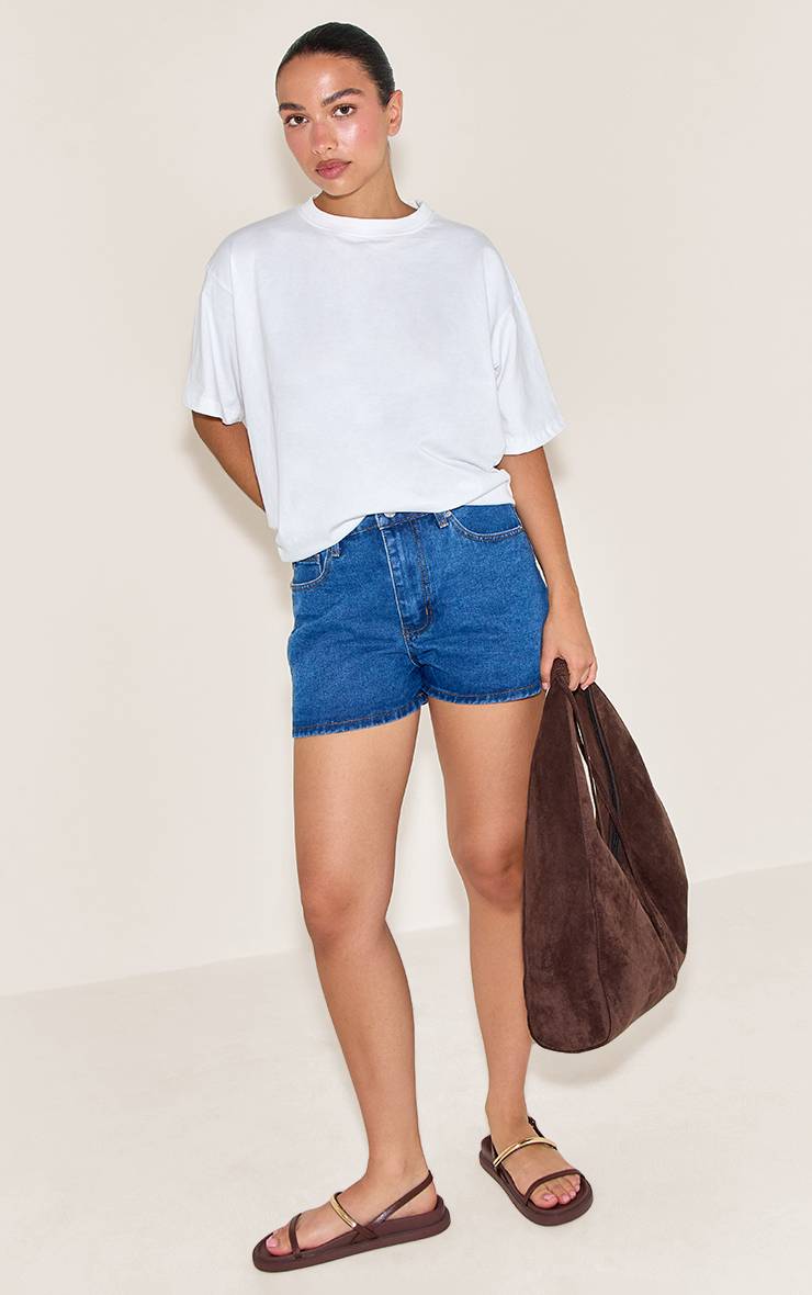 Bleu Foncé Short Mom Taille Haute À Surpiqûres Contrastantes