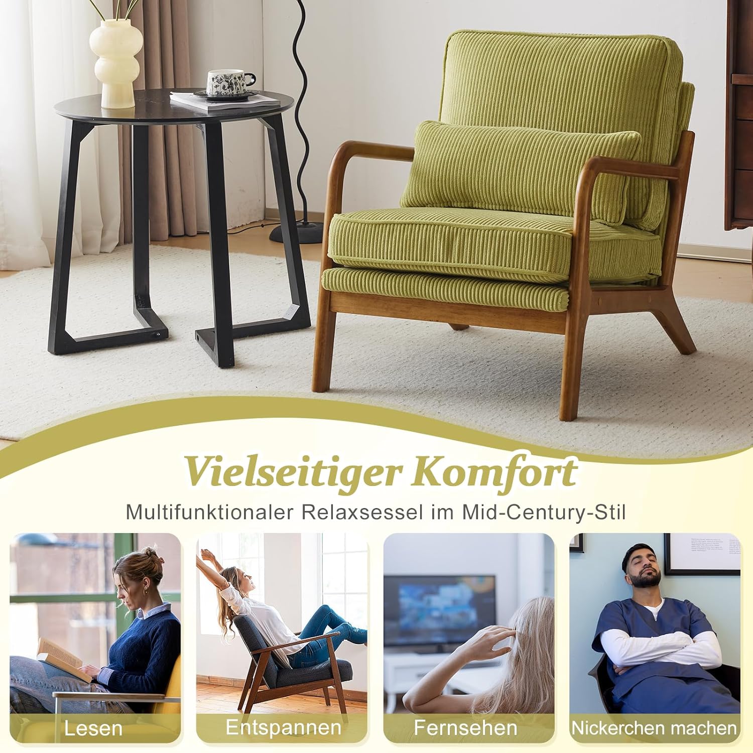 Bonnlo Sessel Gepolsterter Cocktailsessel, Moderner loungesessel, Ohrensessel für Wohnzimmer, Polsterstuhl mit Massivholz, Lesesessel, bis 200 kg belastbar, Cord-Stoff (Grün)