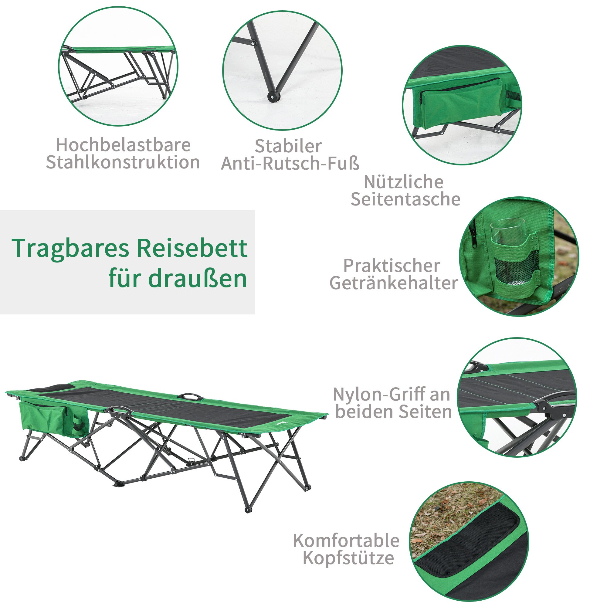 Outsunny Campingbett mit seitlicher Tasche grün, schwarz 200 x 73 x49 cm (LxBxH)