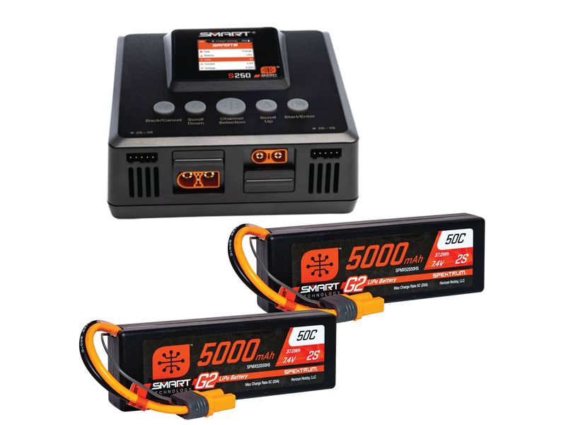 Spektrum Smart Powerstage Bundle 4S S250   2x 2S LiPo Spektrum Smart G2 Dual-Ladegerät mit 2x 7.4 V 5000 mAh LiPo Akku