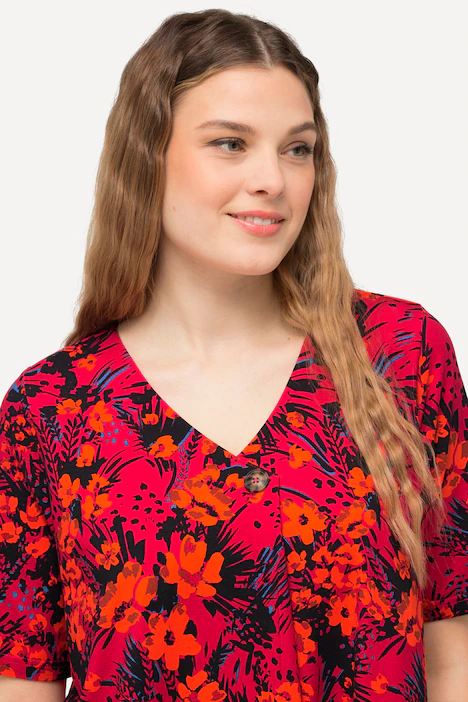 Jersey-Midikleid, A-Linie, V-Ausschnitt, Halbarm, magnolienrot