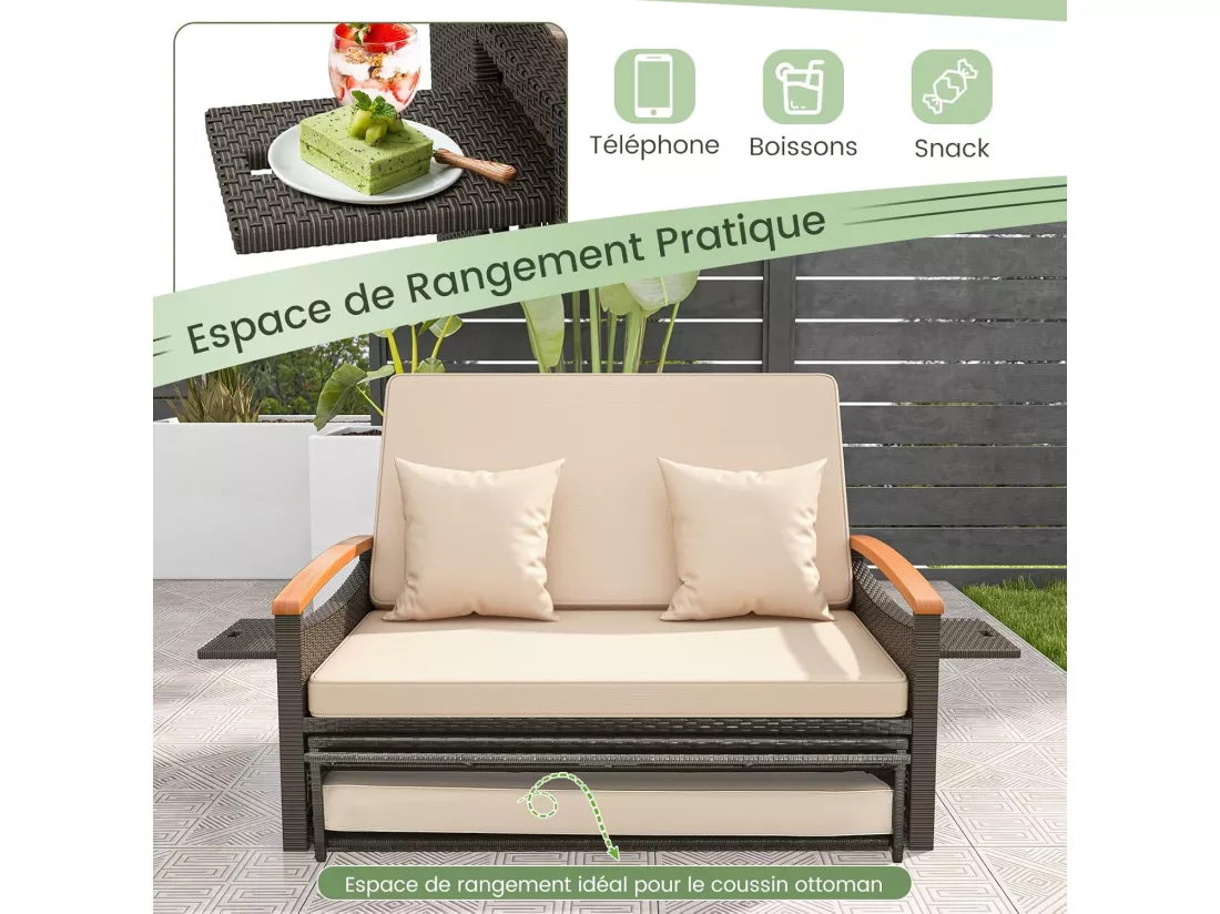 Salon de Jardin en Rotin et fibre naturelle avec Ottoman de Rangement, Bain de Soleil avec Plateau Latéral Rétractable Dossier Réglable Coussins 4 Positions, Canapé à 2 Places Charge 360KG, Beige