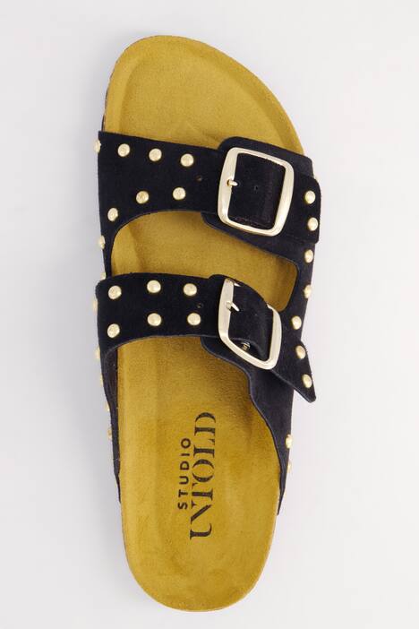 Leder-Pantolette, Ziernieten, Kork-Tieffußbett, schwarz