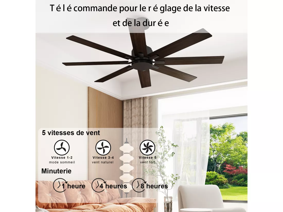 Ventilateur de plafond télécommandable température réglable avec prise et interrupteur 152x75x45cm Marron