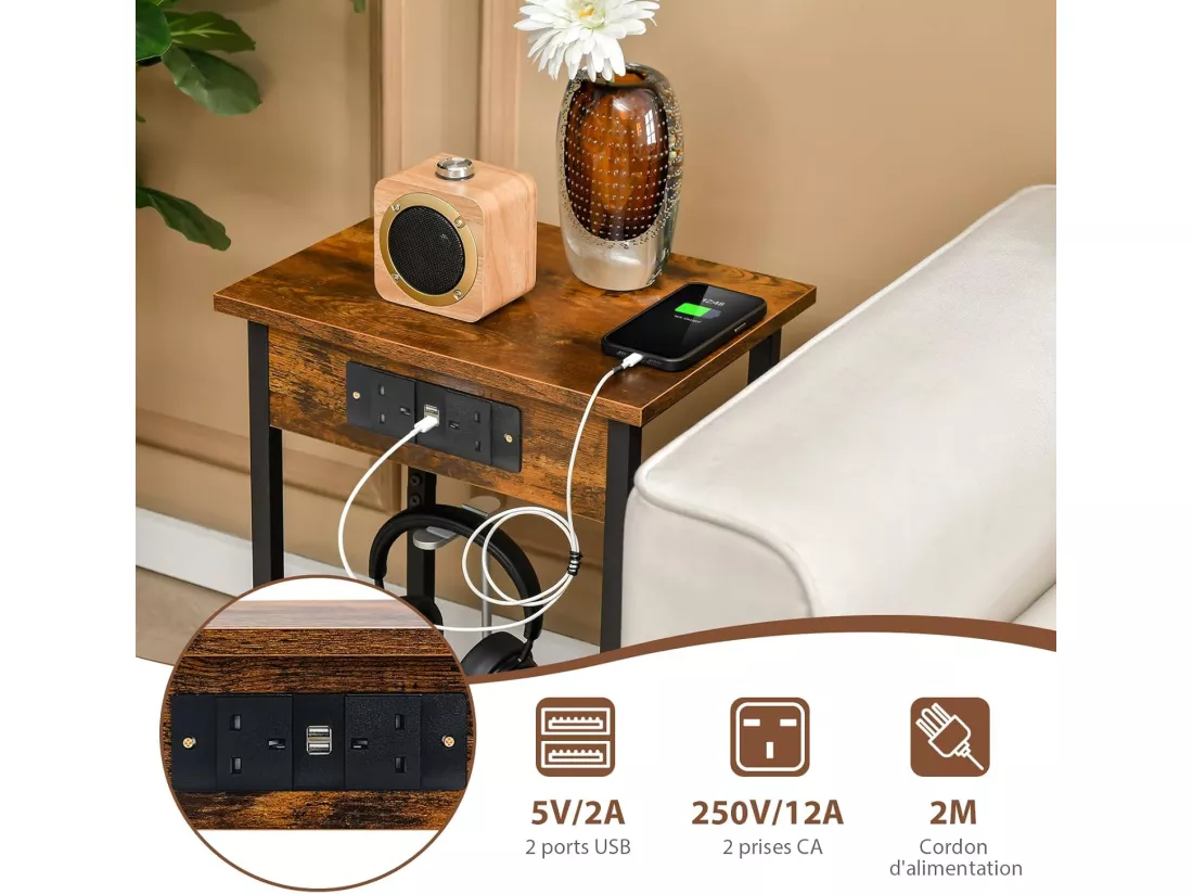 Table de Chevet Lot de 2 avec Station de Recharge, Table d'Appoint Industrielle avec Étagère de Rangement, Cadre en Métal Robuste, Bout de Canapé pour Chambre, Salon, Marron Rustique