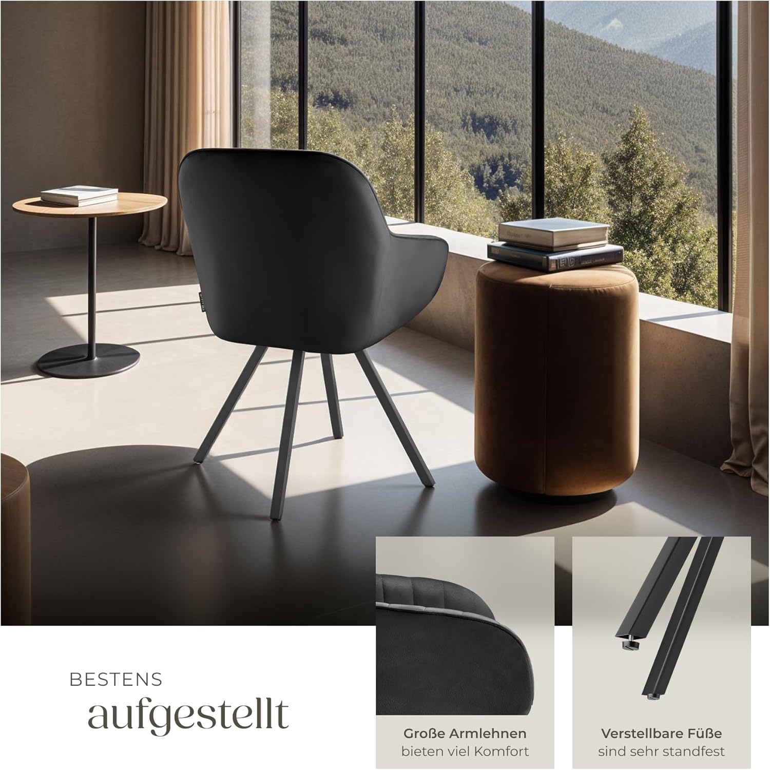 tectake® drehbare Esszimmerstühle mit Armlehne, Schalenstuhl ergonomisch mit Samt Bezug, gesteppt, Stühle drehbar für Wohnzimmer, Esstisch, Arbeitszimmer, Schminktisch, Küchenstühle - 6er Set, schwarz