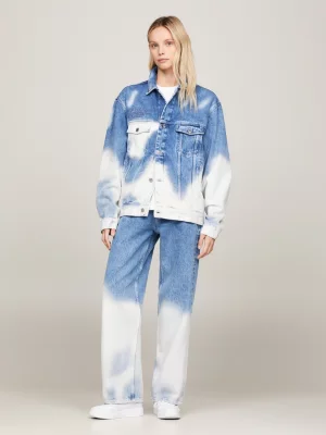Calça jeans unissex de perna larga com lavagem descolorida