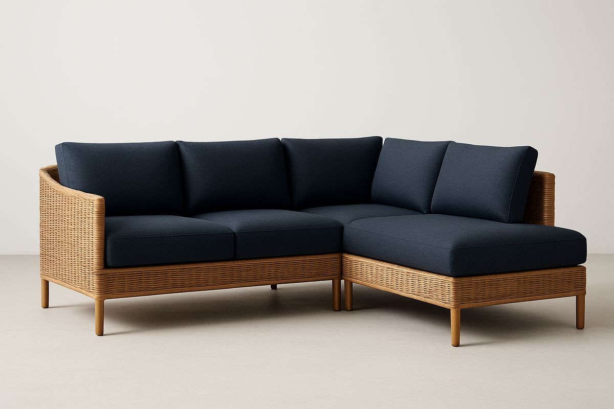 Ecksofa Set Rattan Stoff Dunkelblau