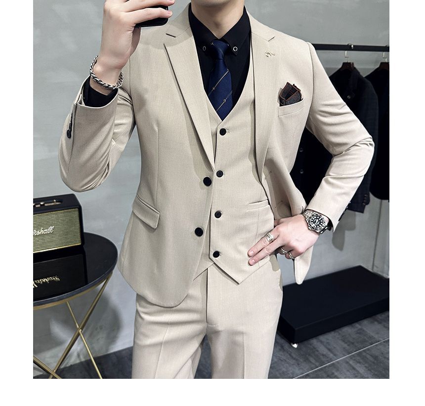 Deepwood - Set: effen enkelrijs blazer + vest + rechte pantalon