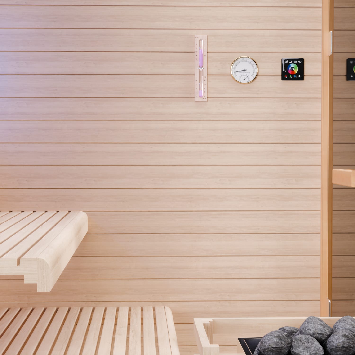 Dewello Finnische Sauna TOFINO 160x150 Kabine aus Hemlock Tannenholz mit,4,5 kW Harvia Ofen, inkl Sauna Set