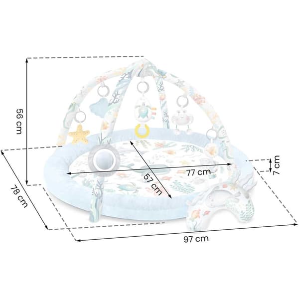 Interaktiv Babymatte Ocean⭐⭐⭐⭐⭐ for design og komfortHOVEDFUNKSJONER:- 7 multifunksjonelle leker- Dedikert pute for magestilling- Rask og enkel å bret