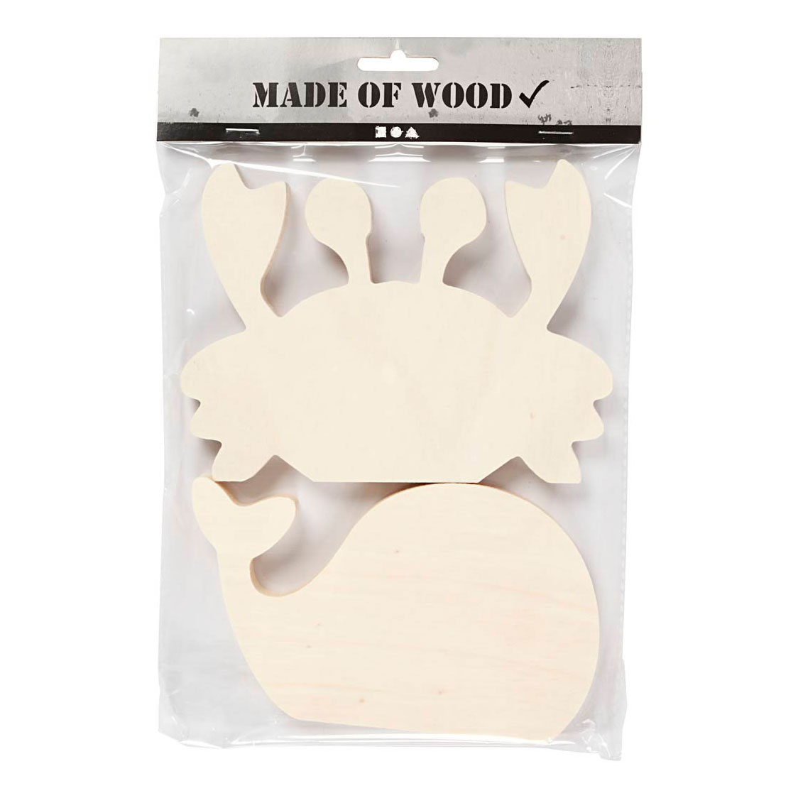 Houten Zeedieren Krab en Walvis, 2st.