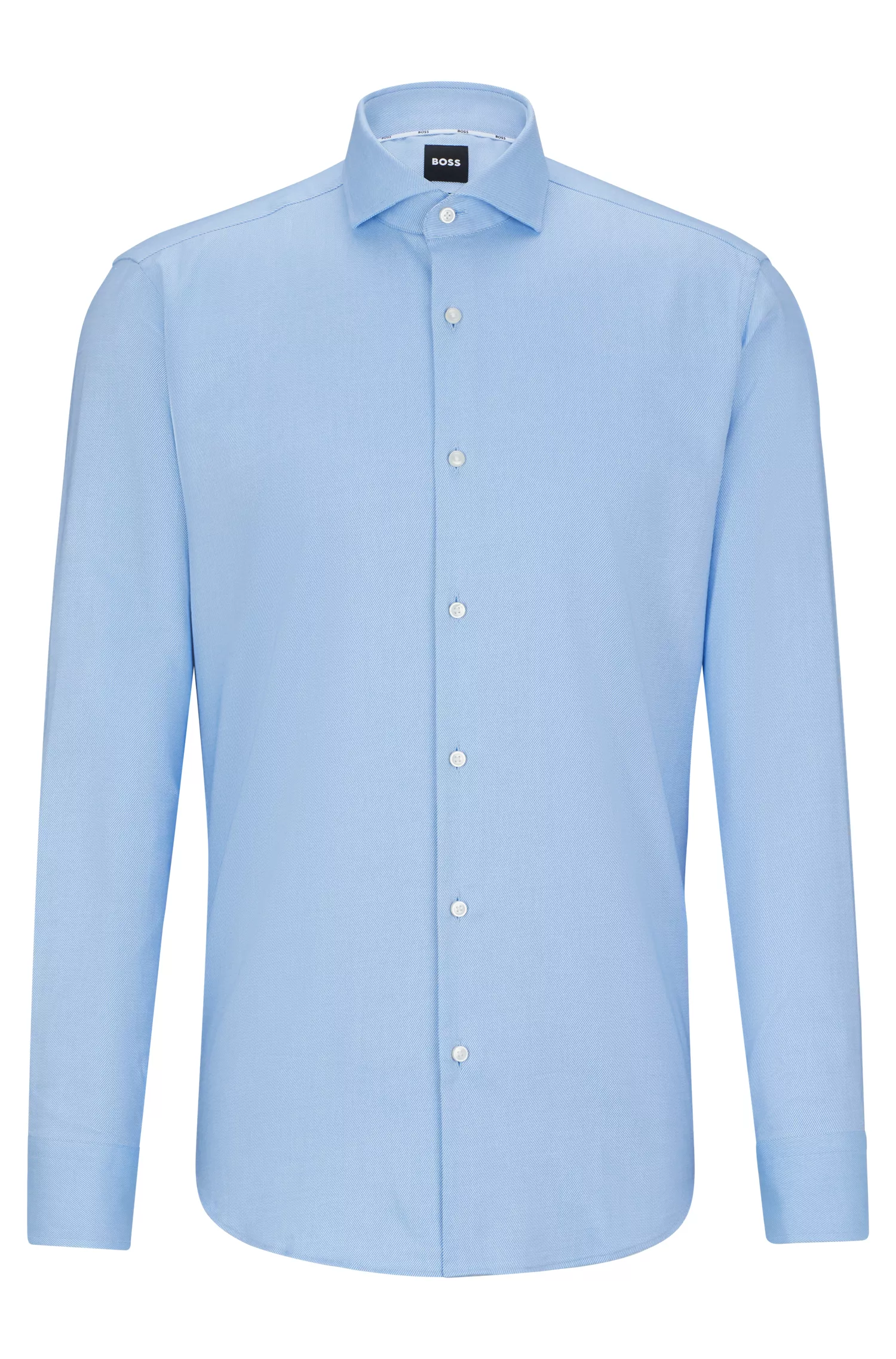 Camisa BOSS preta de corte regular em sarja de algodão elástico de fácil passar.