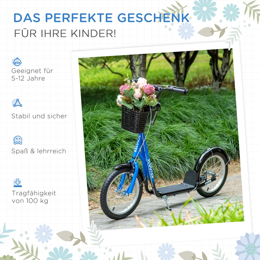HOMCOM Kinderroller mit Vorderkorb blau, weiß